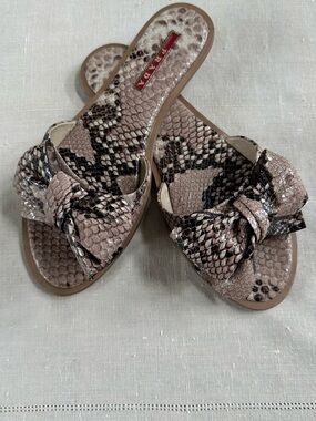 Prada St. Pitone Lux Slides Sandals 36.5 Snake Embossed Bow